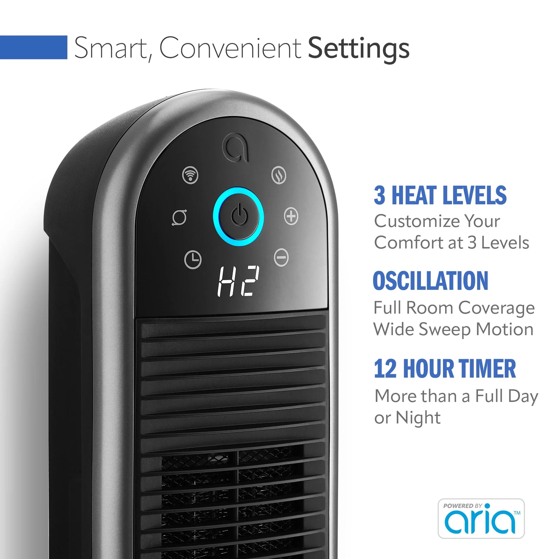 22" Smart Tower Heater Powered by Aria, Wifi, Works with Alexa, Google, Black, AR122