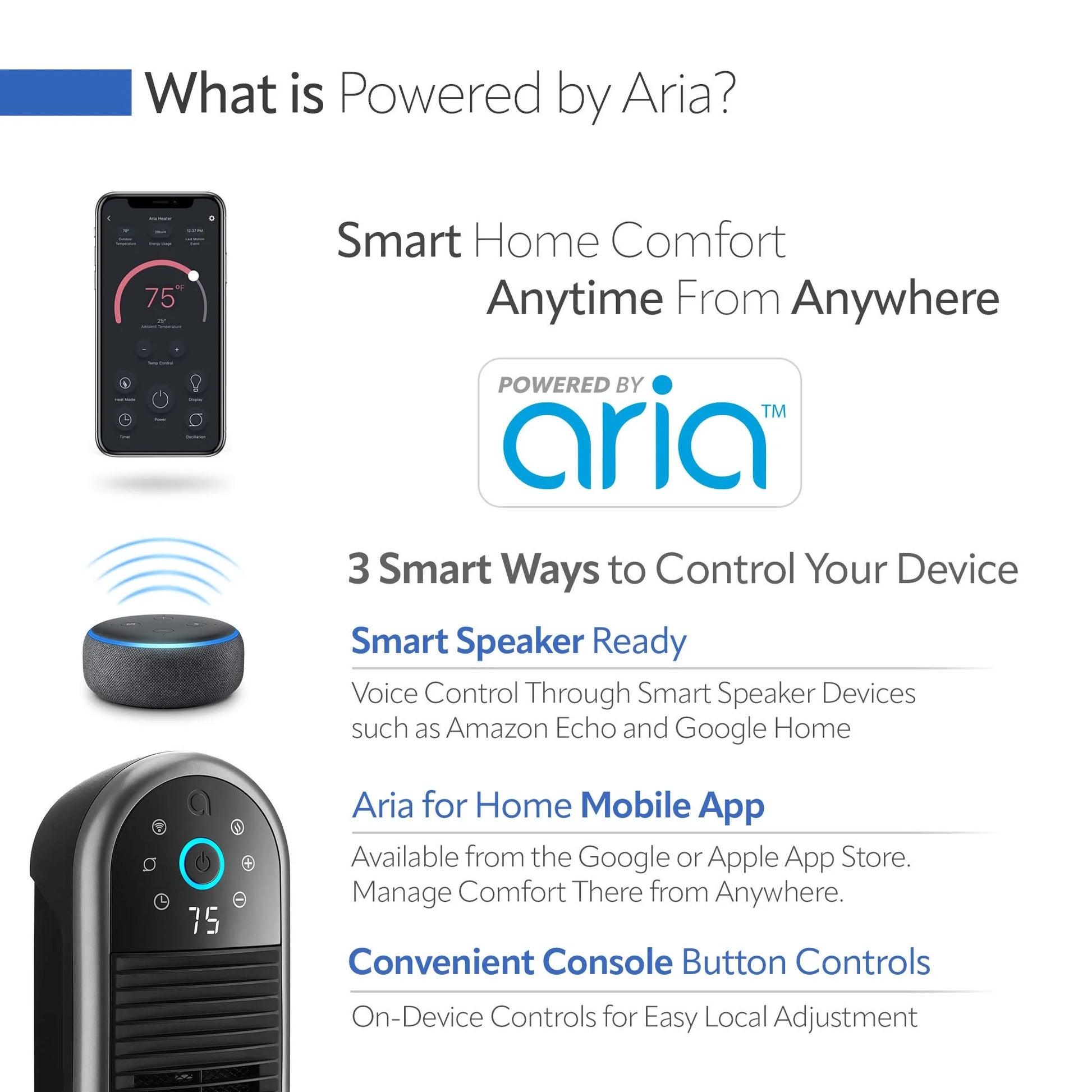 22" Smart Tower Heater Powered by Aria, Wifi, Works with Alexa, Google, Black, AR122