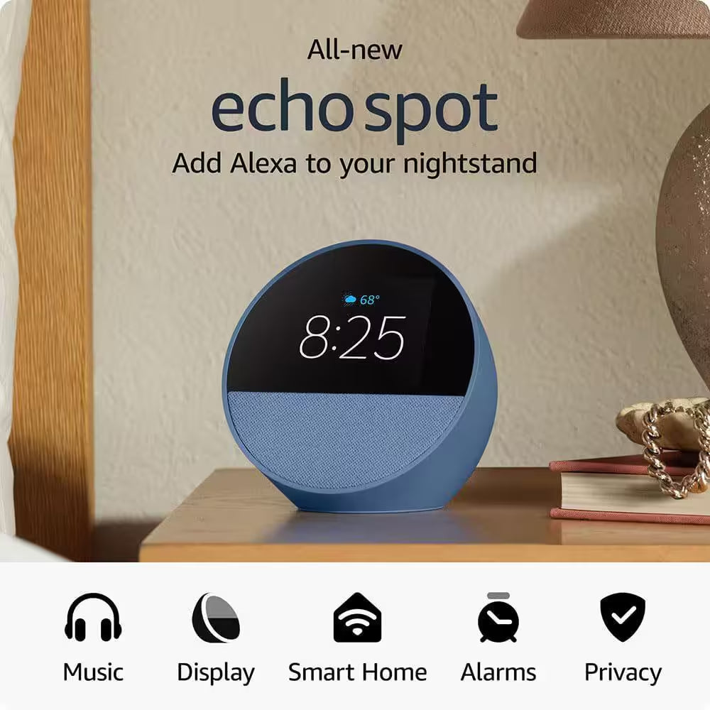 Echo Spot Smart Alarm Clock with Vibrant Sound plus Alexa, Ocean Blue