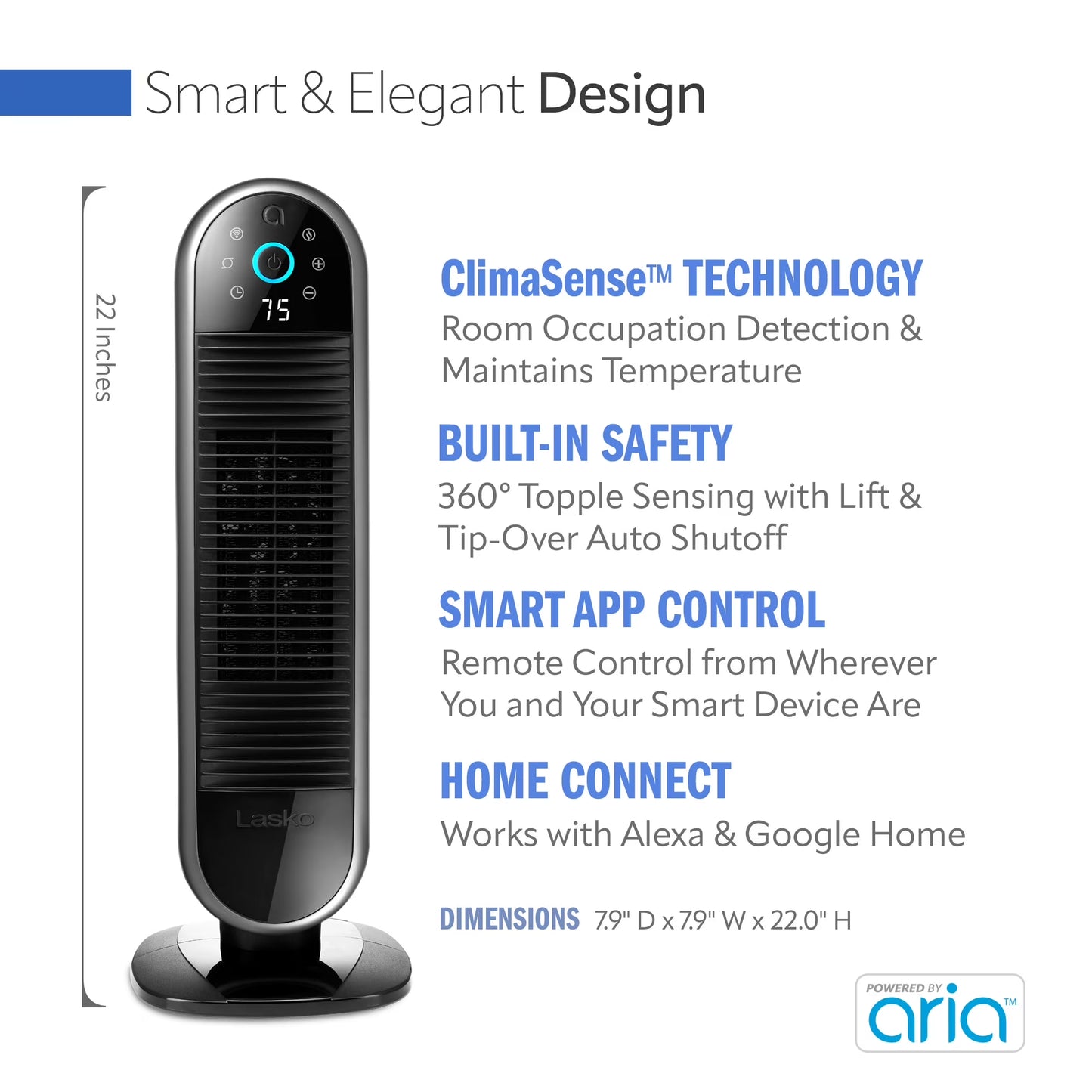 22" Smart Tower Heater Powered by Aria, Wifi, Works with Alexa, Google, Black, AR122