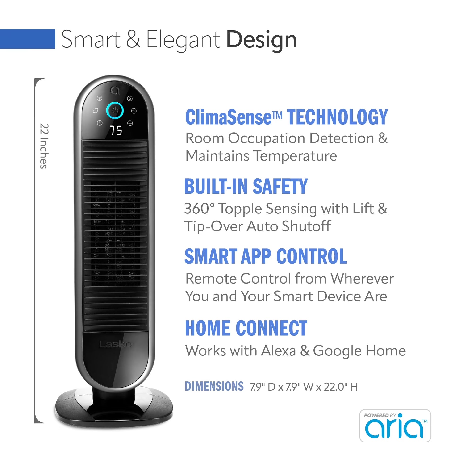 22" Smart Tower Heater Powered by Aria, Wifi, Works with Alexa, Google, Black, AR122