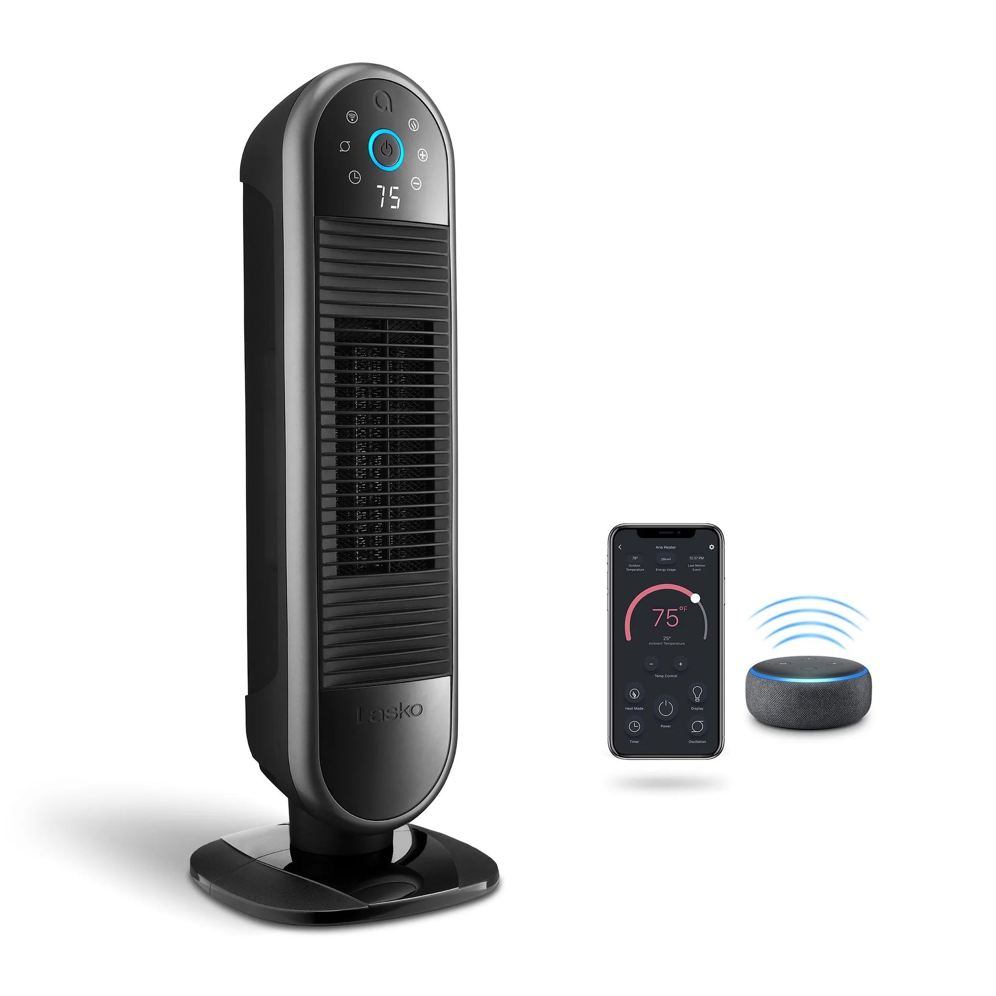 22" Smart Tower Heater Powered by Aria, Wifi, Works with Alexa, Google, Black, AR122